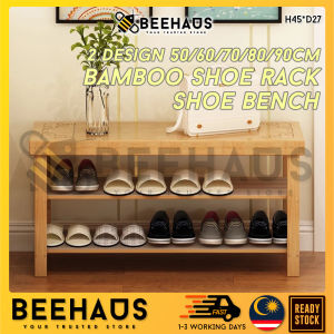 BEEHAUS Bamboo Shoe Changing Bench With Storage Rack | Wooden Bench Shoe Cabinet Bamboo Shoe Rack Shoe Organizer Shelf | Kerusi Rak Kasut Bangku Kayu