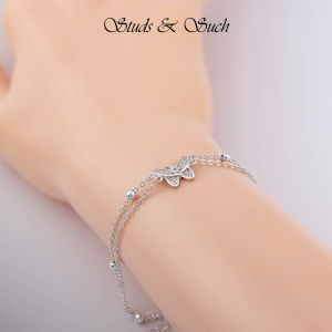 [Studs & Such] 925 Silver Double Chain Bracelet With Micro Setting Cubic Zirconia Butterfly Pendant