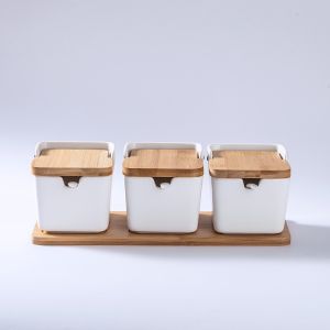 Tempat Penyimpanan Bumbu Dapur Dan Tempat Penyimpanan Oil Vinegar Keramik Dengan Nampan Kayu