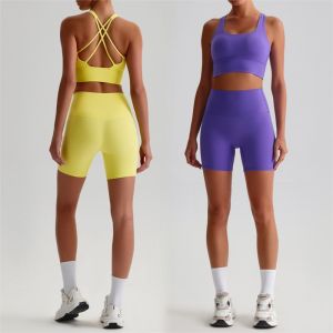 Womens Seamless Yoga Set - Quick Dry Nude Feeling Backless Bra Butt Lifting Shorts Outdoor Running Gym Fitness Sportswear