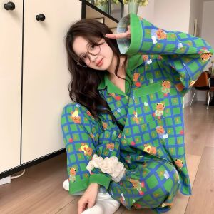Korean Soft Cotton Breathable Womens Green Cartoon Print Pajama Set Casual Wearable Loungewear