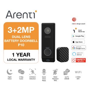 ARENTI P10 - Wireless Battery Video Doorbell | 2K UHD Dual Lens 3MP + 2MP | Water Resistant