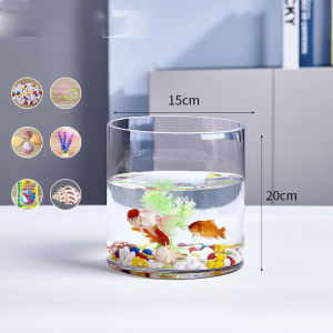 Lovinland Pet Aquarium BettaFishTank Small Creative Ecological Circular GoldfishTank 15*20cm/15*40cm Including FakeGrass FishFood FishingNet ConchShell Color Stone