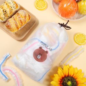 100Pcs Disposable Food Cover Plastic Cling Film Cover 100pcs Colorful Stripe Bear Bag Dustproof Thicken Cling Cover