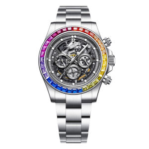 BONEST GATTI Men Automatic Mechanical Watch Rainbow Bezel Skeleton Chronograph Prism Engine Racing Series 41mm Dial Luminous Daily Waterproof Luxury Wristwatch Gift For Boyfriend