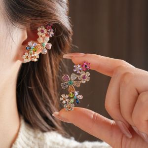 HENLI Sweet Rhinestone Flower Earrings Hollow Out Colored Sweet Ear Clips Exquisite Ear Jewelry Shining Flower Earrings Women
