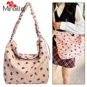Women Strawberry Printed Shoulder Bag Corduroy Strawberry Pattern Satchel Bag Large Capacity Female Travel Casual Bag