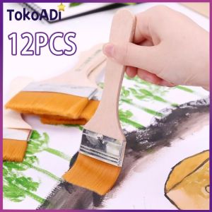 12pcs/Set Kuas Lukis Lebar Gagang Kayu Kuas Bulu Nylon Kuas Lukis Bali Artist Flat Painting Brush