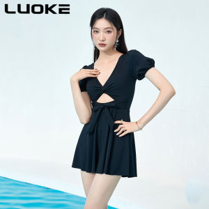 Luoke swimsuit women black one-piece skirt V-neck slim puff sleeve fashion Korean swimwear