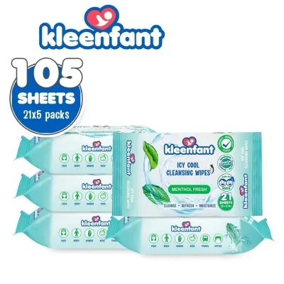 Kleenfant Menthol Fresh Icy Cool Cleansing Wipes 21 Sheets Pack of 5 Power Cooling Wet Wipes Travel Pack Wipe Scented Wipes