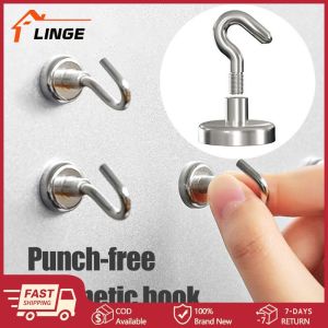 Linge【ON STOCK】Powerful Magnetic Hooks Wall-mounted Hanger Hook Heavy Magnet Hook Stainless Steel Suction Hook Super Strong Magnetic No Punching Kitchen Household Storage Tools