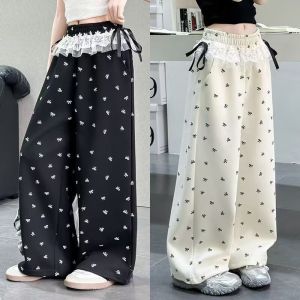 COD Cargo Pants For Kids Girls 6-15yrs Cotton Ice Silk Summer Wide Leg Pants Lightweight Cute Bow Pattern Hight Waist Loose Casual Pants Two Colors Available