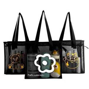 Portable Flower Cartoon Shoulder Sling Bags Clear Beach Tote Bag Nylon Mesh with Zipper Wash Bag