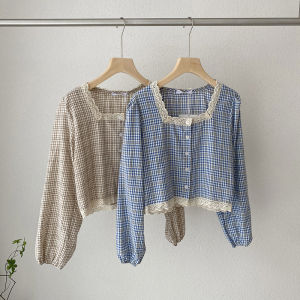 Chaisima เสื้อสไตล์วินเทจสคอสี่เหลี่ยมเย็บลูกไม้ขอบลายสก๊อตเล็กๆ เสื้อผู้หญิงเรียบง่าย