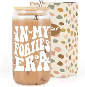 Coolife in My 40s Era Iced Coffee Cup Tumbler Forties 40th Birthday Gifts for Her 40th Birthday Decorations for Women 40 Year Old Birthday Gifts for Women Mom Turning 40 Glass Cups w/Lids Straws
