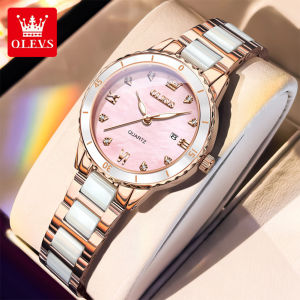 OLEVS นาฬิกาเซรามิกสำหรับกันน้ำสำหรับผู้หญิงหรูหราสแตนเลสวันที่เจิดจรัสนาฬิกาข้อมือประดับเพชร