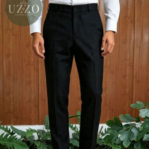 UZZO Mens Black Formal Trousers Armani Fabric Semi Baston Pants Business Wedding Oathtaking Wedding