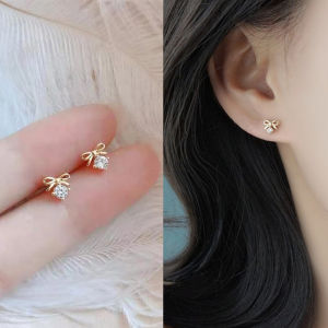 14k Gold Small Shining Zirconia Bow Stud Earrings for Women Mini Cute Bow Earrings