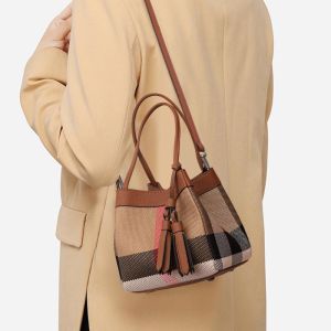 Aidrani New Retro Womens Small Handbag Premium Canvas with Cowhide Checkered Bucket Bag
