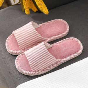 Four seasons womens indoor stripe linen soft bottom home wooden floor mute antiskid slippers