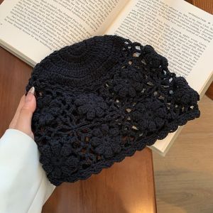 OEUVR Hollow Crochet Flower Hat Handmade Weave Knit Basin Caps Casual Sweet Beanies Cap Outdoor
