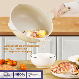 Non Stick Woody Marble Granite Stone Stir-Fry Pan 30CM Wok Pan with LidSmoke Free & Less Oil NeededSuitable for Induction and Gas Cooker