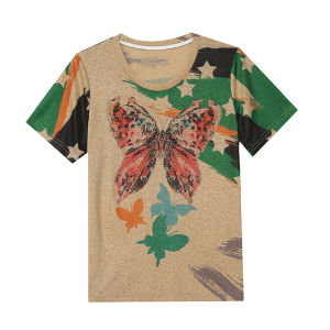 REHIN Womens top Fashion print with diamonds round neck short-sleeved T-shirt stretch trend blouse