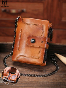 BULLCAPTAIN European and American zipper buckle genuine leather mens vertical wallet with multiple card slots RFID-protected against theft and magnetism