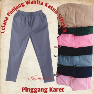 Celana Panjang Wanita Pinggang Karet Ukuran Jumbo Bahan Katun Stretch Polos Pilihan