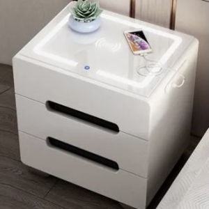 Fully Assembled Bedside Table with Wireless LED Night Light & Fingerprint Lock Storage Cabinet