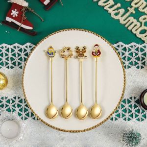 MAYIT Thiết kế mạ Muỗng khuấy đồ uống Giáng sinh Bộ 4 món Thép không gỉ Muỗng tráng miệng cà phê Lễ hội Trang trí lễ hội Quà tặng dụng cụ nhà bếp Quà Giáng Sinh