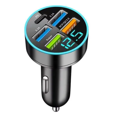 5-Port USB & Type-C Fast Charging Car Charger with Digital Display