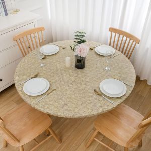 Round Fitted Vinyl Tablecloth with Elastic Edged & Flannel Backing Waterproof Wipeable Round Table Cover for Indoor Outdoor Patio Use - Fits Tables up to 40" - 68" Diameter