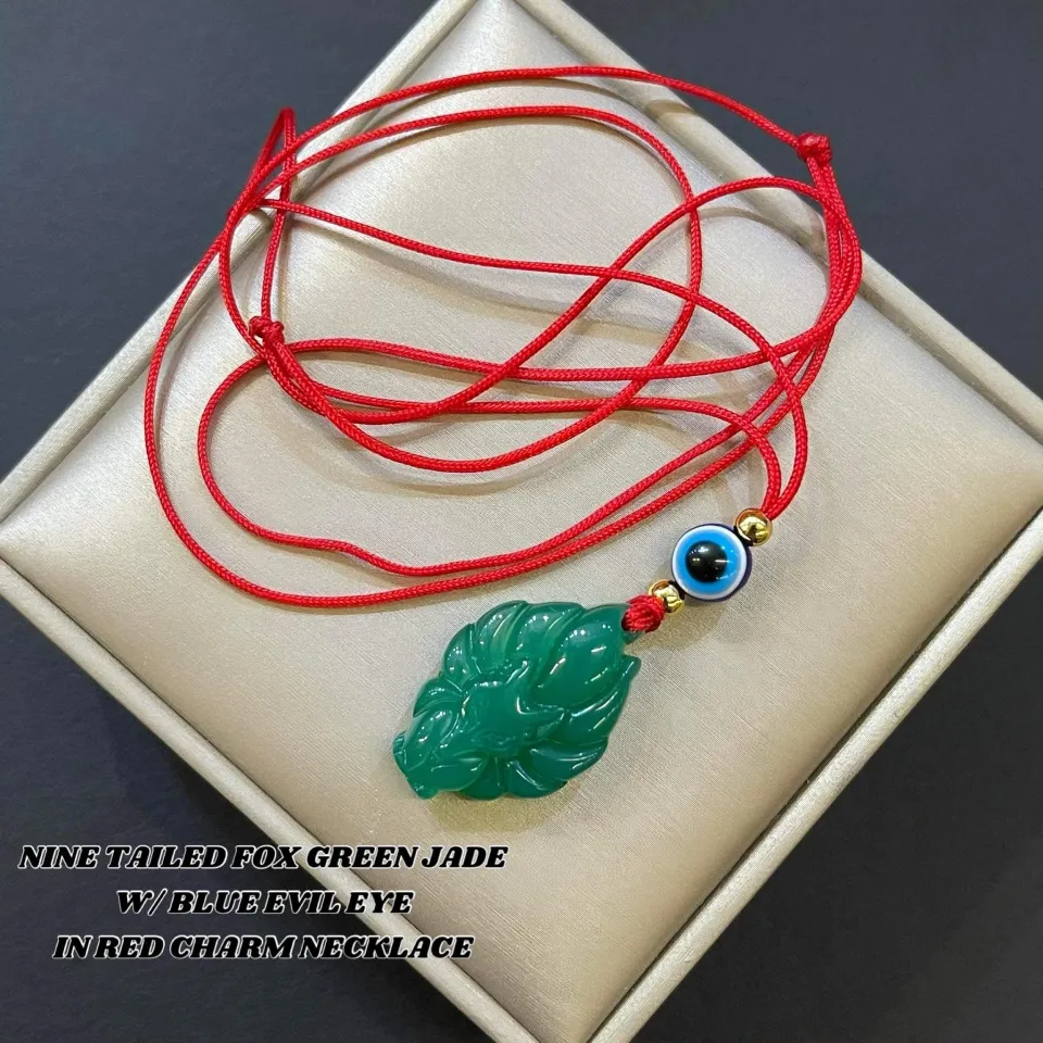 アクセサリー Deep Green Jade with Fox & Hulu Charm Charming Green Jade Necklace with Lucky Fox Design - LOVALRY