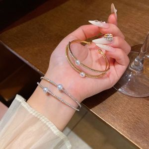 CICI ไข่มุก กำไลเปิด สองชั้น แหวนมือ สร้อยข้อมือคริสตัล ง่าย จิวเวลรี่เจ้าสาว ประดับข้อมือ ผู้หญิง