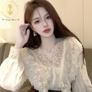 Glliya Wish Womens Top Fashion Chiffon Puff Sleeve Shirt for Women V-neck Long Sleeve Lace Top Plus Size Blouse
