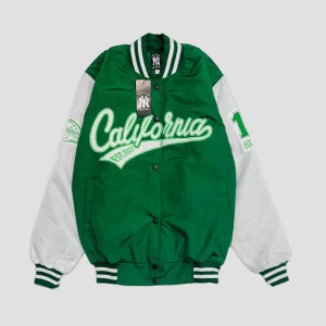HOCKY Jaket Baseball Varsity Bomber Premium Kombinasi 2 Warna Hijau Putih Full Bordir California Series Terbaru