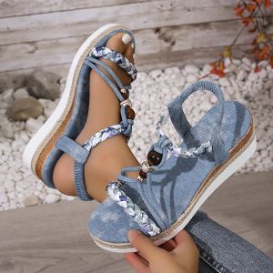 [Free Shipping] Plus Size Bohemian Beaded Wedge Sandals High Heels Thick Sole Rope Woven Womens Sandals