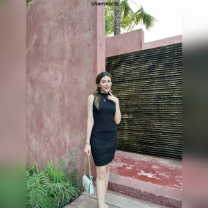 🌈SpinnyHouse🌈 เดรสไหมพรม เดรสแขนกุด🧡 มินิเดรส เดรสเกาหลี เดรสทรงรัดรูป 💥 ช่วงคอปีน ชุดทางการ รุ่น ดินแดง