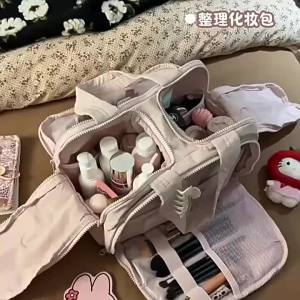 กระเป๋าเครื่องสำอางเปิดกว้างคู่ขายส่งความจุขนาดใหญ่กระเป๋าล้างฟูฟ่องกระเป๋าเก็บของแบบพกพาสำหรับการเดินทางเพื่อธุรกิจที่บ้าน