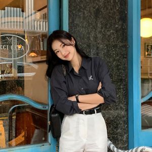 Blouse for Women Plain V-neck Loose Long Sleeve Embroidered Shirts Top