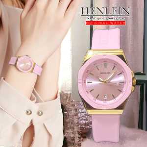 HENLEIN Jam Tangan Wanita Original Anti Air Terbaru Tampilan Mewah Kasual Tali Silikon HW-6005 Pink