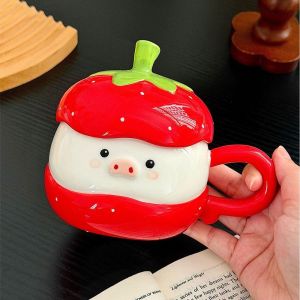 SVSAKZ168 Creative Cartoon Pig Mug Cute Strawberry Pig Shape Ceramic 3D Pig Mug Novelty Handgrip Strawberry Pig Breakfast Mug Kitchen Drinkware