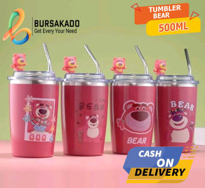Tumbler Lotso Botol Dengan Sedotan / Botol Lucu Strawberry Bear Termos 303 Stainless Steel