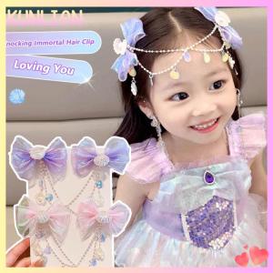 [KUNLIAN] Cartoon Girls Hair Clip Children Mermaid Princess Fringe Pink Purple Bow Forehead Chain Hairpin Fairy Earhook Accessories
