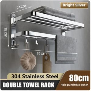 80cm  Bathroom Towel Rack Free Punching Thickened Stainless Organizer Rack No Rust Hanging Holder Space Saving Durable Towel Stand Accesories SUS304 Silvery 60 70 90cm