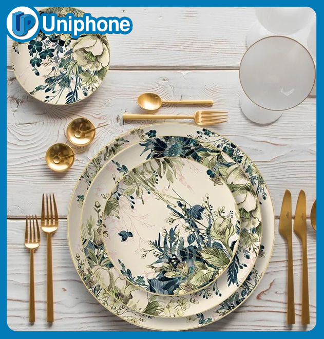 Hand Painted Ceramic Tableware Magnolia Bloom Gold Rim