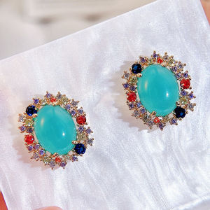 SEQUITO Stunning Girly Ear Jewelry Yellow Gold Color Full Pave Colorful AAAAA Cubic Zircon Setting Oval Crystal Newest Stud Earrings for Daily Party SE881