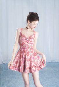 Trang phục bơi váy 2024 một mảnh gợi cảm cho nữ trang phục đi biển không tay hoa nâng đệm A-line váy Bikini thời trang dễ thương màu hồng Hàn Quốc co giãn U Gonna S