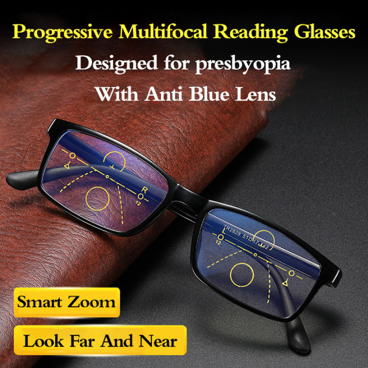 Anti Blue Men Progressive Multifocal Reading Glasses Look Far Ang Near Bifocal Lenses Presbyopia